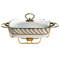 Мармитница фарфоровая Tiffany 1 л со стеклянной крышкой на металлической подставке с подогревом 28×23×7 см