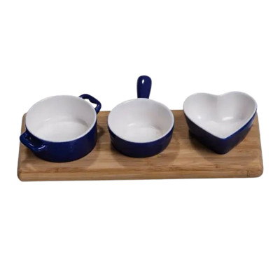 Набор менажниц фарфоровых из 3 штук по 50 мл на бамбуковой подставке, синий Набор менажниц фарфоровых из 3 штук по 50 мл на бамбуковой подставке, синий