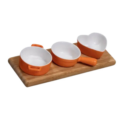 Набор менажниц фарфоровых из 3 штук по 50 мл на бамбуковой подставке, оранжевый Набор менажниц фарфоровых из 3 штук по 50 мл на бамбуковой подставке, оранжевый