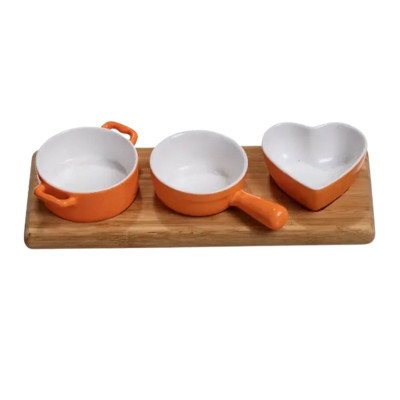 Набор менажниц фарфоровых из 3 штук по 50 мл на бамбуковой подставке, оранжевый Набор менажниц фарфоровых из 3 штук по 50 мл на бамбуковой подставке, оранжевый