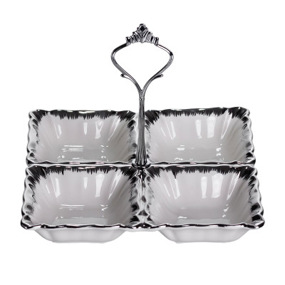 Менажница фарфоровая на 4 секции 18*18*3 см квадратная, серебро