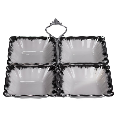 Менажница фарфоровая на 4 секции квадратная 22.5*22.5*3 см, серебро Менажница фарфоровая на 4 секции квадратная 22.5*22.5*3 см, серебро