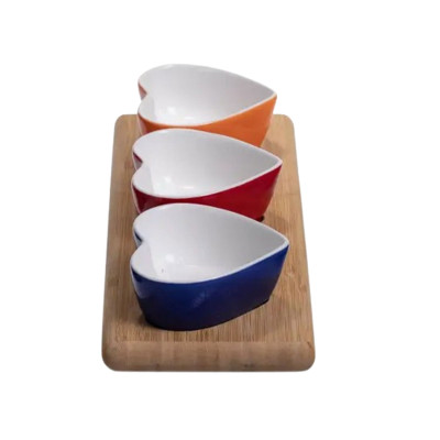 Набор фарфоровых менажниц 3 штуки по 100 мл на бамбуковой подставке, разные цвета