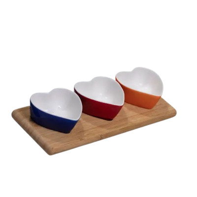 Набор фарфоровых менажниц 3 штуки по 100 мл на бамбуковой подставке, разные цвета