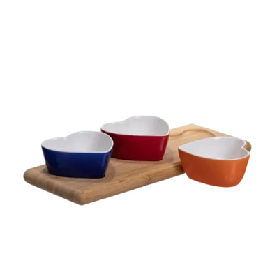 Набор фарфоровых менажниц 3 штуки по 100 мл на бамбуковой подставке, разные цвета