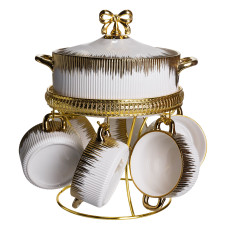 Суповой набор из фарфора супница и 6 бульонниц на металлической подставке, белый