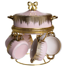 Суповой набор из фарфора супница и 6 бульонниц на металлической подставке, розовый