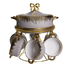 Суповой набор из фарфора супница и 6 бульонниц на металлической подставке, серый