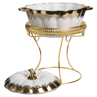 Суповый сервиз из фарфора 8 предметов на 6 персон на металлической подставке, золото Суповый сервиз из фарфора 8 предметов на 6 персон на металлической подставке, золото