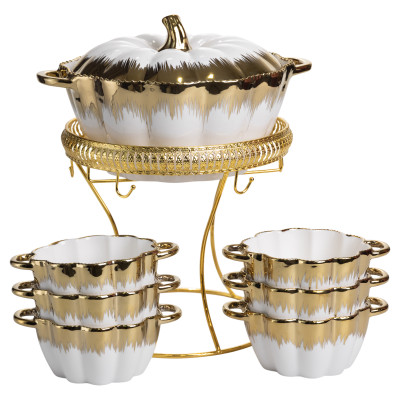 Суповый сервиз из фарфора 8 предметов на 6 персон на металлической подставке, золото Суповый сервиз из фарфора 8 предметов на 6 персон на металлической подставке, золото