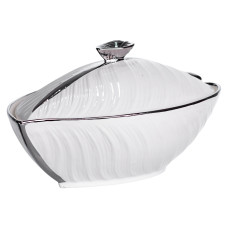 Супница фарфоровая с крышкой 1.5 л с рельефным узором, серебро