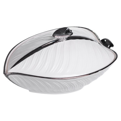 Супниця порцелянова з кришкою 800 мл з рельєфним візерунком, срібло