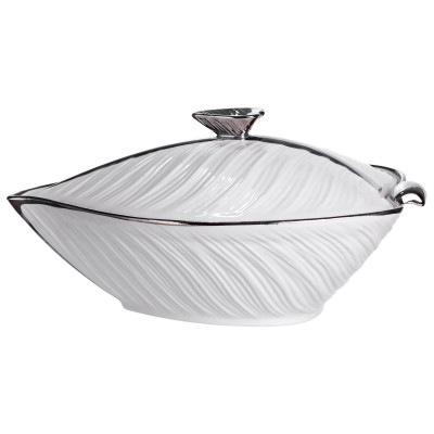 Супниця порцелянова з кришкою 800 мл з рельєфним візерунком, срібло