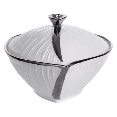 Супниця порцелянова з кришкою 800 мл з рельєфним візерунком, срібло