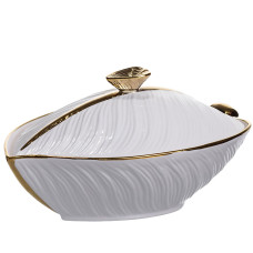 Супница фарфоровая с крышкой 800 мл с рельефным узором, золото