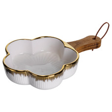 Миска сервировочная фарфоровая 450 мл Flower с деревянной ручкой, золото