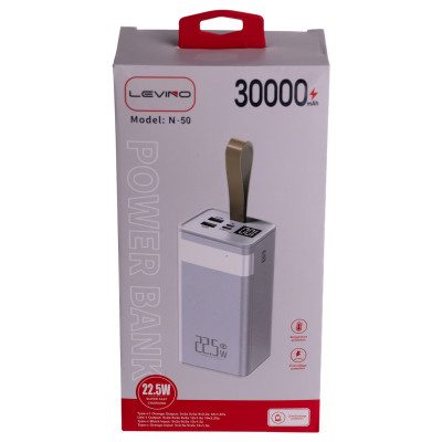 Повербанк LEVINO 30000 mAh с фонариком USB-C/USB-A/MicroUSB