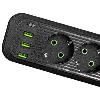 Сетевой фильтр-удлинитель 4 розетки и 3 USB A + 1 Type-C на 3 метра, черный