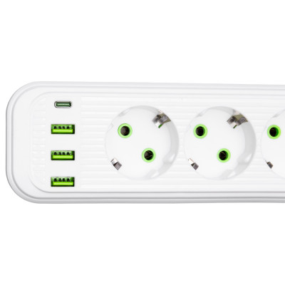 Сетевой фильтр-удлинитель 4 розетки и 3 USB A + 1 Type-C на 5 метров, белый Сетевой фильтр-удлинитель 4 розетки и 3 USB A + 1 Type-C на 5 метров, белый