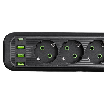 Сетевой фильтр-удлинитель 4 розетки и 3 USB A + 1 Type-C на 5 метров, черный Сетевой фильтр-удлинитель 4 розетки и 3 USB A + 1 Type-C на 5 метров, черный