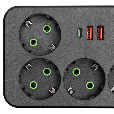 Сетевой фильтр-удлинитель 4 розетки 2 USB-A+1 USB Type-C длина 5 метров, черный Сетевой фильтр-удлинитель 4 розетки 2 USB-A+1 USB Type-C длина 5 метров, черный