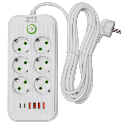 Сетевой фильтр-удлинитель 6 розеток 4 USB-A +2 USB Type-C на 5 метров, белый Сетевой фильтр-удлинитель 6 розеток 4 USB-A +2 USB Type-C на 5 метров, белый