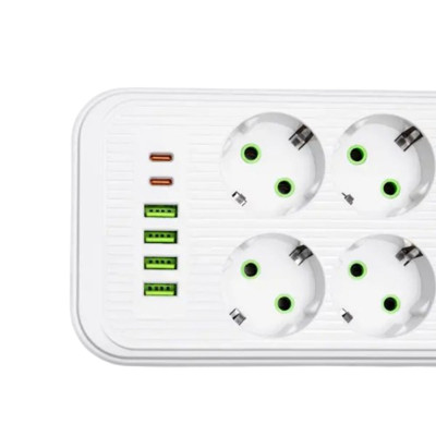 Сетевой фильтр-удлинитель 8 розеток 4 USB-A +2 USB Type-C на 5 метров, белый