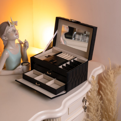 Скринька-органайзер для прикрас на кнопці 22,5х15,5х13 см із екошкіри, чорний