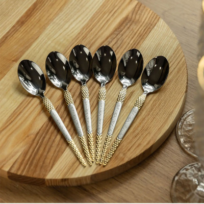 Набор чайных ложек 6 штук из нержавеющей стали 15 см, серебристый с золотом Набор чайных ложек 6 штук из нержавеющей стали 15 см, серебристый с золотом