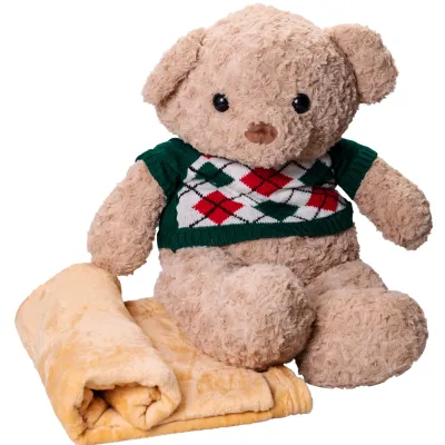 Мягкая игрушка Мишка в зеленом свитере с пледом 110*150см, бежевый Мягкая игрушка Мишка в зеленом свитере с пледом 110*150см, бежевый