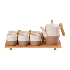 Чайный сервиз фарфоровый на бамбуковой подставке 8 предметов, коричневый