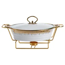 Мармитница фарфоровая 1 л со стеклянной крышкой, золото