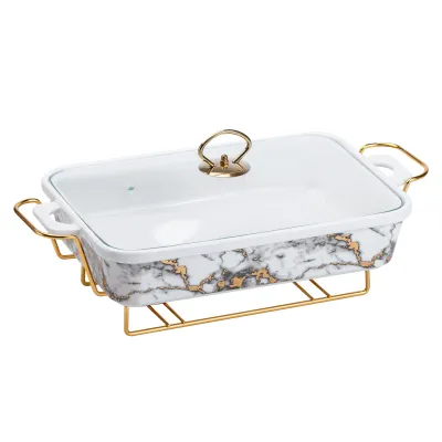 Мармітниця порцелянова прямокутна 2 л зі скляною кришкою, мармур