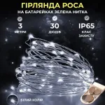 Гірлянда Роса нитка 30 LED довжина 3 м на батарейках зелена, білий Гірлянда Роса нитка 30 LED довжина 3 м на батарейках зелена, білий