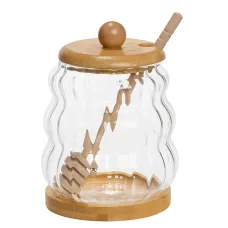 Медовница стеклянная с крышкой 320 мл на бамбуковой подставке