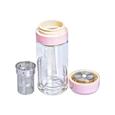 Термос стеклянный Hexagram 240 мл с двойными стенками и заварником, розовый Термос стеклянный Hexagram 240 мл с двойными стенками и заварником, розовый