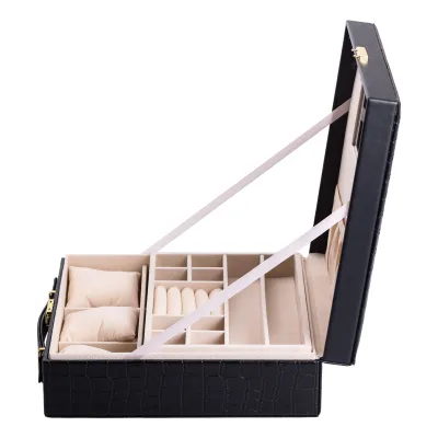 Кейс-органайзер для украшений с защелкой 26х26х9 см из экокожи, черный Кейс-органайзер для украшений с защелкой 26х26х9 см из экокожи, черный