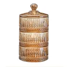 Конфетница трехуровневая с крышкой стеклянная ребристая, коричневый