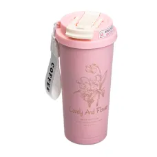 Термочашка Flower Style 500 мл з трубочкою і подвійним відкриванням, рожевий