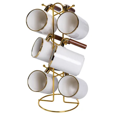 Набор чашек фарфоровых 6 шт по 400 мл на металлической подставке, белый