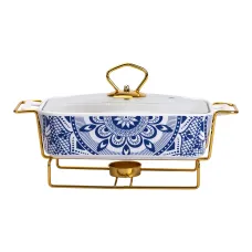 Мармитница фарфоровая 1 л прямоугольная на подставке с орнаментом, белый