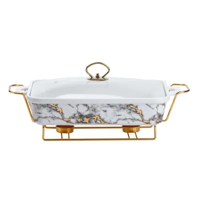 Мармітниця порцелянова прямокутна 2 л зі скляною кришкою, мармур