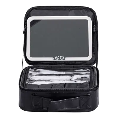 Косметичка-органайзер с LED-зеркалом 26х22х9 см из экокожи, черный