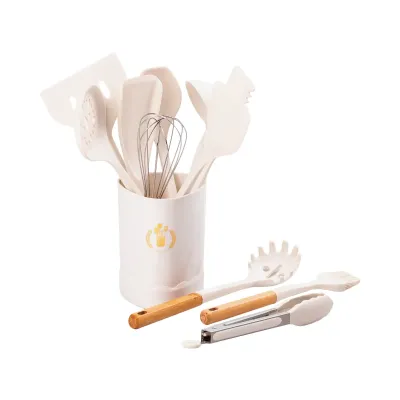 Набор кухонных принадлежностей на подставке 12 штук с деревяной ручкой, белый