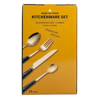 Набор столовых приборов на подставке 24 предмета с фарфоровыми ручками, золотистый Набор столовых приборов на подставке 24 предмета с фарфоровыми ручками, золотистый