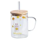 Чашка стеклянная детская 500 мл с принтом и бамбуковой крышкой, желтый