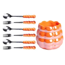 Набор десертных вилок и ложек с фарфоровой подставкой, оранжевый