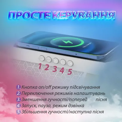 Портативна колонка з RGB-підсвіткою BT/TF/Wireless Charger/USB/FM/AUX 5 Вт, білий