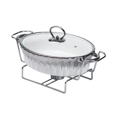 Мармітниця порцелянова овальна 1 л зі скляною кришкою, хром