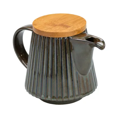 Чайник заварювальний порцеляновий з бамбуковою кришкою 850 мл, зелений з коричневим